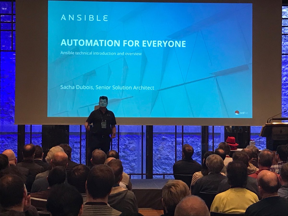 leonardbodmer's tweet photo. Sacha on stage automate Zurich #AnsibleAutomates #redhatdach https://t.co/Mb2tpiNZpB