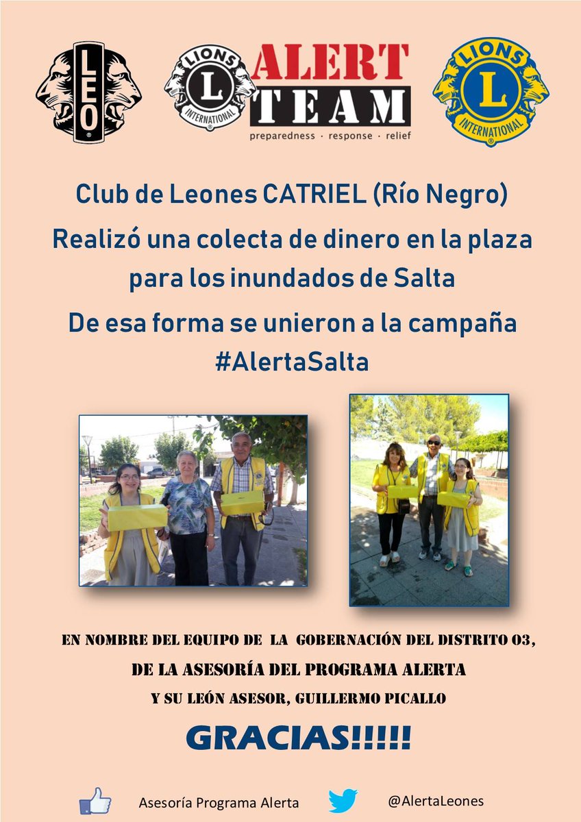 LeonesDistritO3's tweet photo. Cuando hay inundaciones, terremotos, huracanes u otro tipo de catástrofe natural, los Clubes de Leones ponen en marcha el #ProgramaAlertaLeones En el verano, Salta sufrió inundaciones y ahí estuvieron los Leones ALERTAS!!!!
Estos son los Clubes que colaboraron en el DO3 👏👏👏 https://t.co/jt4kLVEJxJ