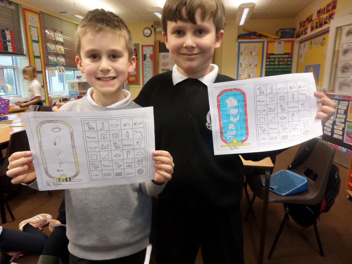 abercrombyPS's tweet photo. For our #P5S learning context 'Ancient Egypt' we learned about hieroglyphics. One of our tasks was to write our partner's name in hieroglyphics, it was challenging but fun! #learningcontext #partnerwork #ancientegypt https://t.co/5qxaSfZ4AR