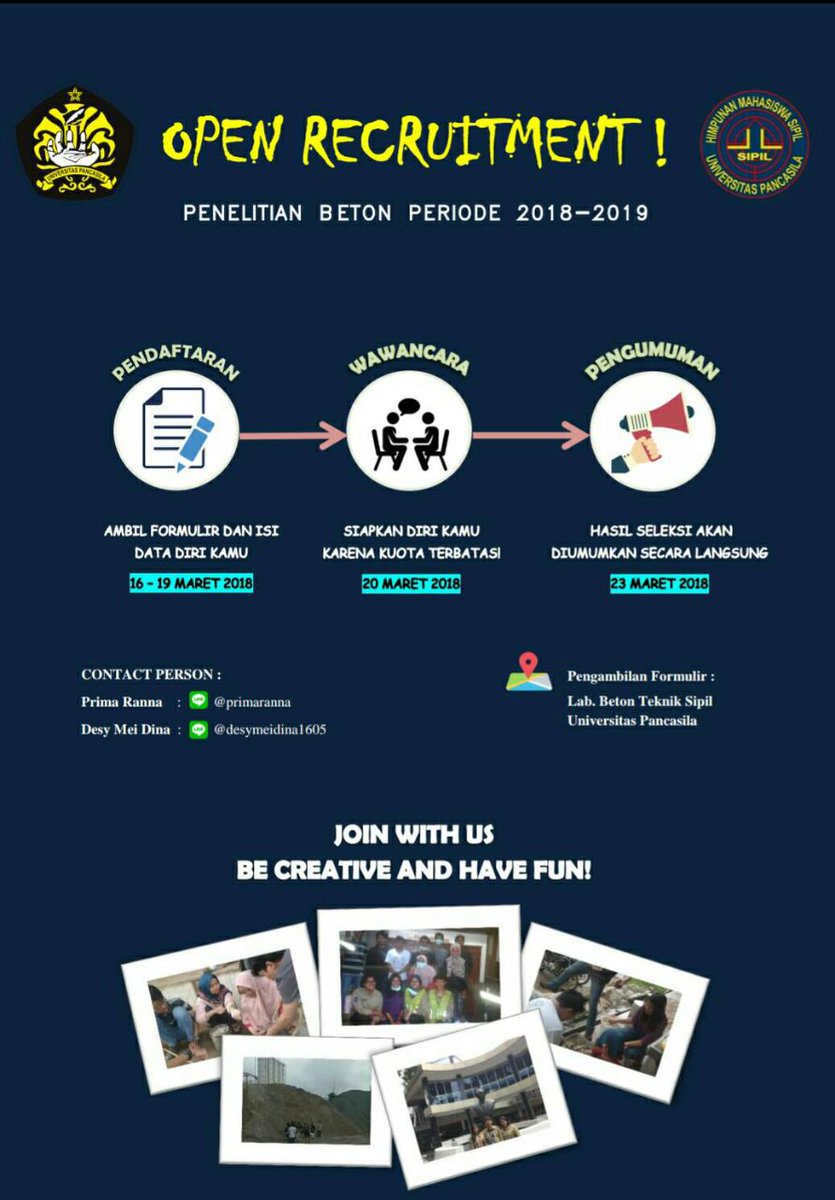 Hai civilian!!!!!
Buat kamu mahasiswa/i sipil
Pendaftaran  16 Maret 2018 - 19 Maret 2018 (Ambil dan isi formulir)
Wawancara  20 Maret 2018 (Kuota terbatas)
Pengumuman  23 Maret 2018 (Hasil seleksi akan diumumkan secara langsung)
Id line:
Prima (@primaranna)
Desi (@desymeidina1605