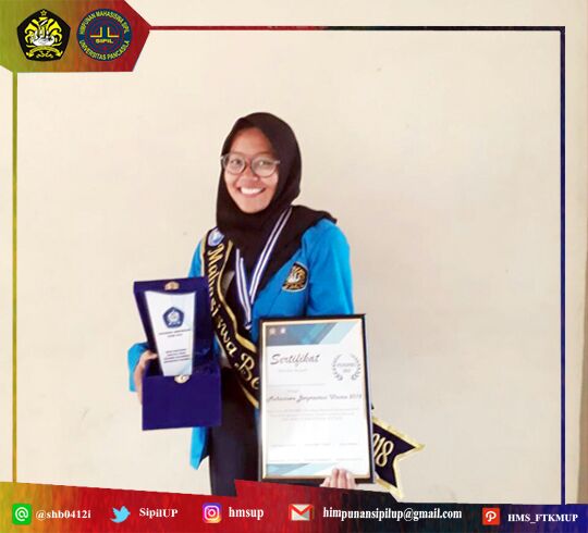 [PILMAPRES TEKNIK 2018]

Selamat kepada Tiara Nofiana, delegasi dari HMS yang menjuarai PILMAPRES tahun ini!!!!!! #MahasiswaAksiNyata
#hmsup

Bid. IV Humas &amp; Media Kreatif HMS FT-KMUP