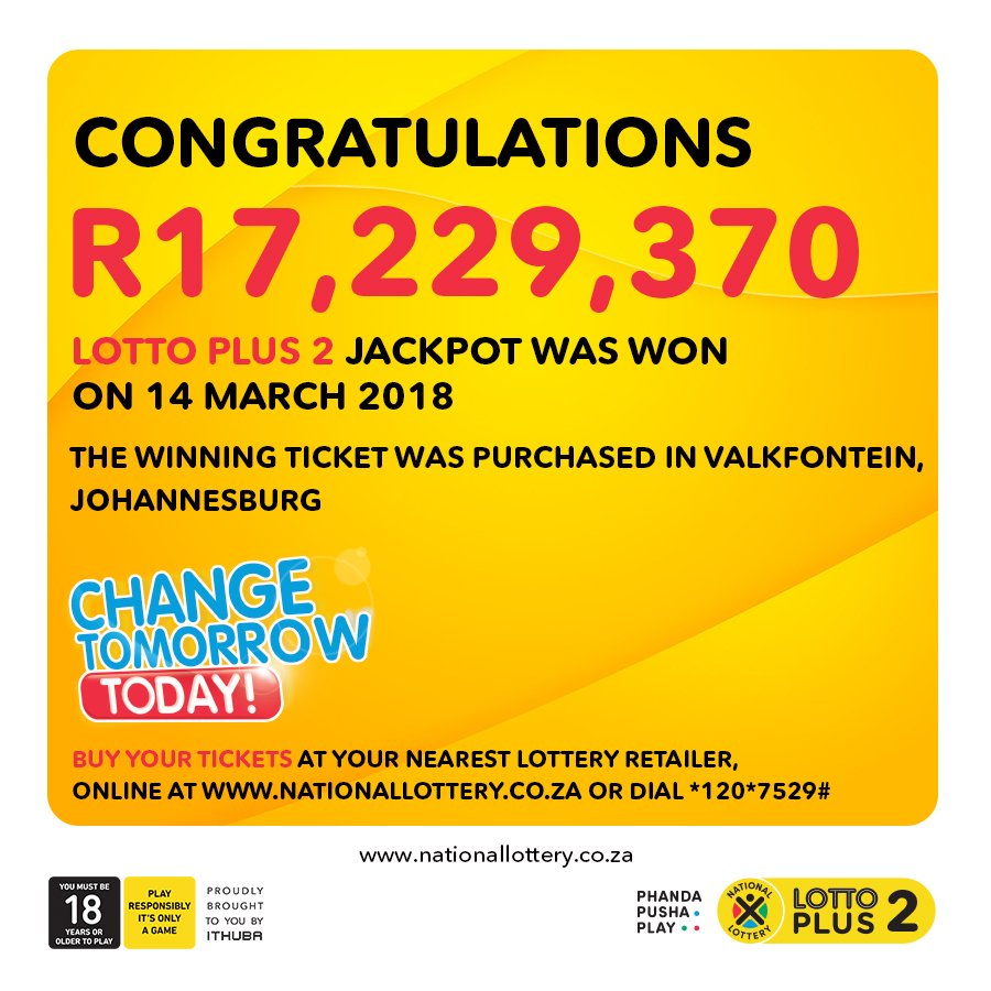 sa_lottery26's tweet photo. Congratulations Valkfontein!
You have a new #LOTTOPLUS2 jackpot winner of R17,229.370 from the 14/03/18 draw! #ManualSelection ticket wager amount was R20! https://t.co/aeJrvI8jU3