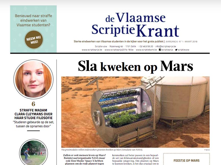SciMingo's tweet photo. Ontdek de laatste versie van de Vlaamse #Scriptiekrant met o.a. artikels over sla kweken op #Mars, hoe #cricket #vluchtelingen in BE een thuis kan helpen bieden en een #quiz rond cultureel #werelderfgoed. https://t.co/SRXCcnbSul https://t.co/USZV5FNAkg