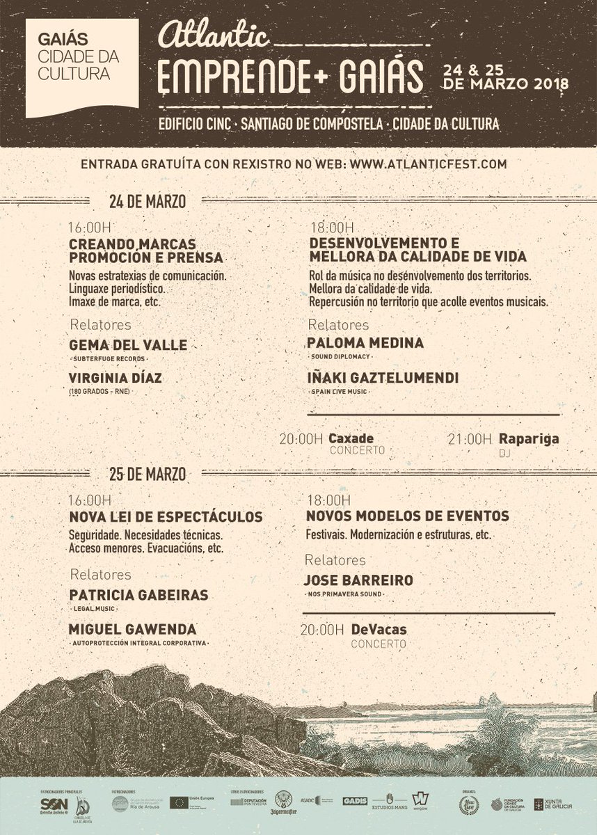 Atlantic_Fest's tweet photo. La ponencia de @VirginiaDiazR3 (180 Grados - Radio 3) y la actuación de
#Caxade cierran la programación de #AtlanticEmprendeGaiás
24 & 25 de marzo. Cidade da Cultura de Galicia Santiago de Compostela.
Entrada gratuita con registro en https://t.co/E46oTpY2FD
Plazas limitas. https://t.co/PULEWeuEt7