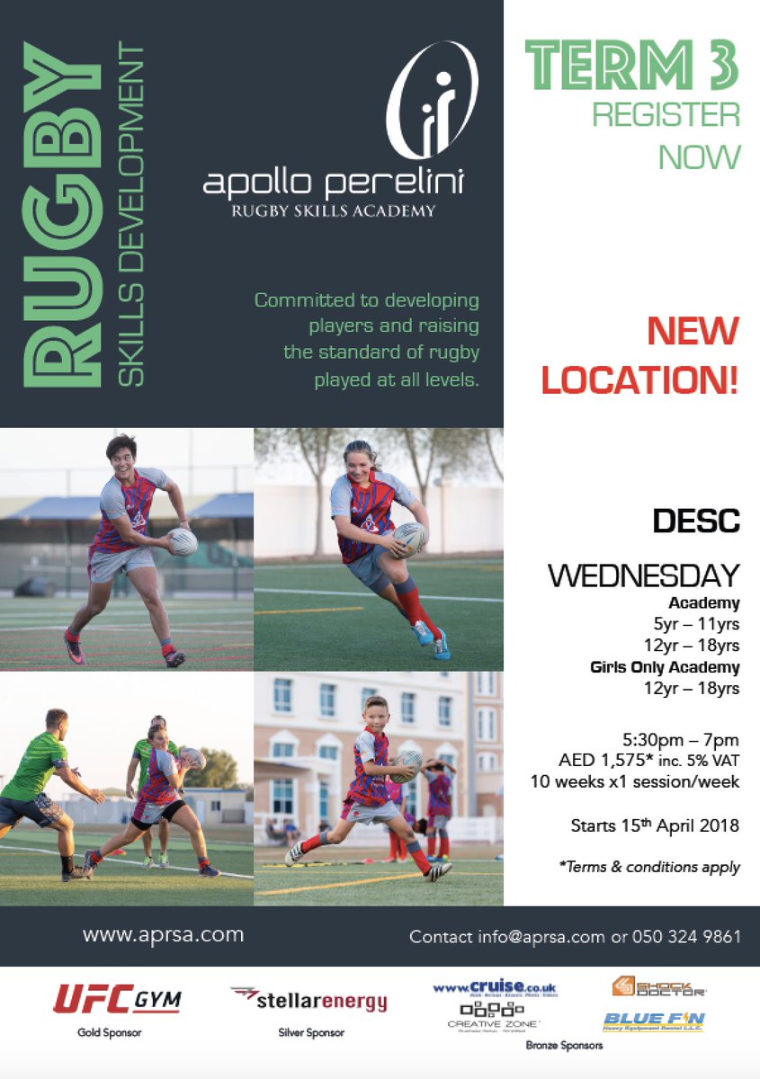 DESCDubai's tweet photo. We are delighted to announce Apollo Perelini Rugby Skills Academy will be moving their Wednesday sessions to DESC, Academic City from Wed 18 April, 5:30pm-7pm. For more information, please contact info@aprsa.com or call 050 324 9861. @Apollo11Rugby #rugbyskills #rugbydevelopment https://t.co/I9huRomHuB