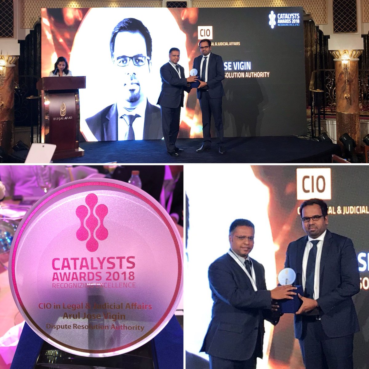 DIFCCourts's tweet photo. The DRA’s Head of IT, Arul Jose Vigin was awarded the #CatalystsAward for #CIO in Legal and Judicial Affairs at The #futureitsummit2018 for his efforts in transformational projects like @DIFCCourts' smart' #SCT, paperless court and the virtual classroom for @DIFC_AOL. @EC_MEA. https://t.co/u3bpUCIITf