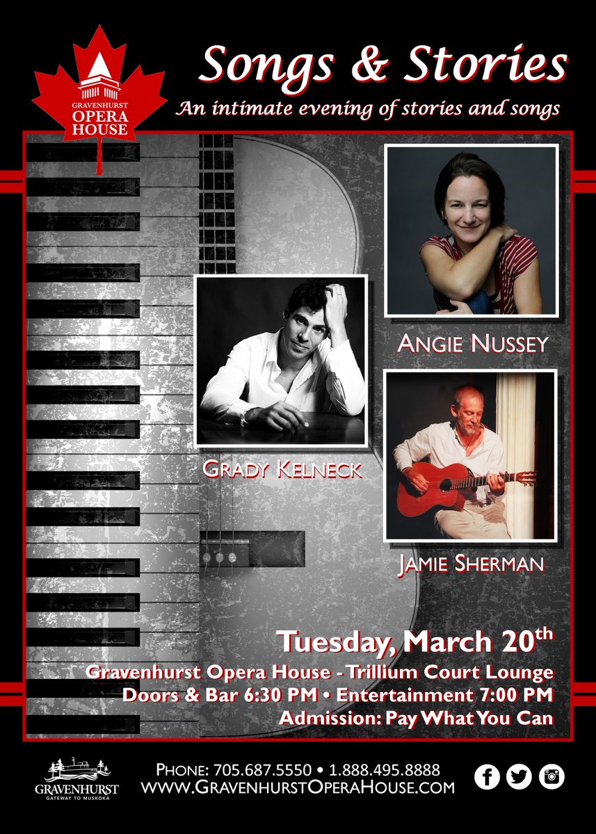 Our March Songs &amp; Stories session featuring Angie Nussey, Grady Kelneck &amp; Jamie Sherman is less than a week away! Join us on Tuesday, March 20th for this fantastic, intimate evening of song and storytelling.

<a href="/AngieNussey/">Angie Nussey</a> <a href="/gradytunes/">Grady Kelneck</a> 
#Gravenhurst #Muskoka #Music #Concert #Arts