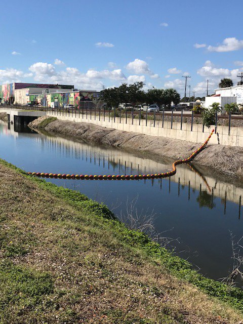 Our Stormwater Drainage team installed a Watergoat along the Stubb Canal to eat up canal pollution. The nylon net &amp; floating barrier around a storm drain’s outlet can collect hundreds of pounds of trash in the drainage system every rain cycle, reducing impact to local waterways.
