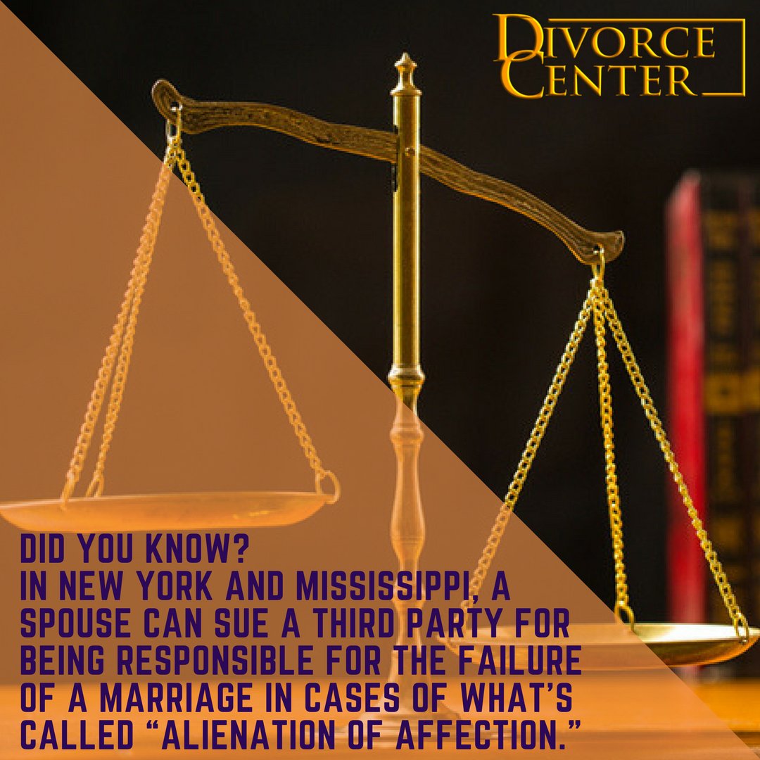 DivorceCenterNJ's tweet photo. Did You Know? In New York and Mississippi, a Spouse Can Sue a Third Party for Being Responsible for the Failure of a Marriage in Cases  of what's called "Alienation of Affection."
#newyork #Mississippi #divorce #marriage #funfact #ny #nj #thursday https://t.co/X4hoqXpAHX