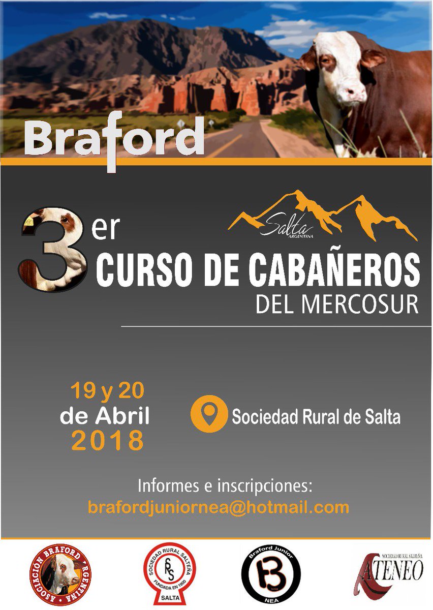 AteneoCRArg's tweet photo. #Agenda --> 19 y 20 de Abril
🐂"3er Curso de Cabañeros del Mercosur" 🐮 
Hermanados en una misma iniciativa el @AteneoSalta y #brafordjuniornea 👫👬👭 te invitan a formarte como Cabañero.
Más info e inscripciones: brafordjuniornea@hotmail.com https://t.co/VIwNBET3WP