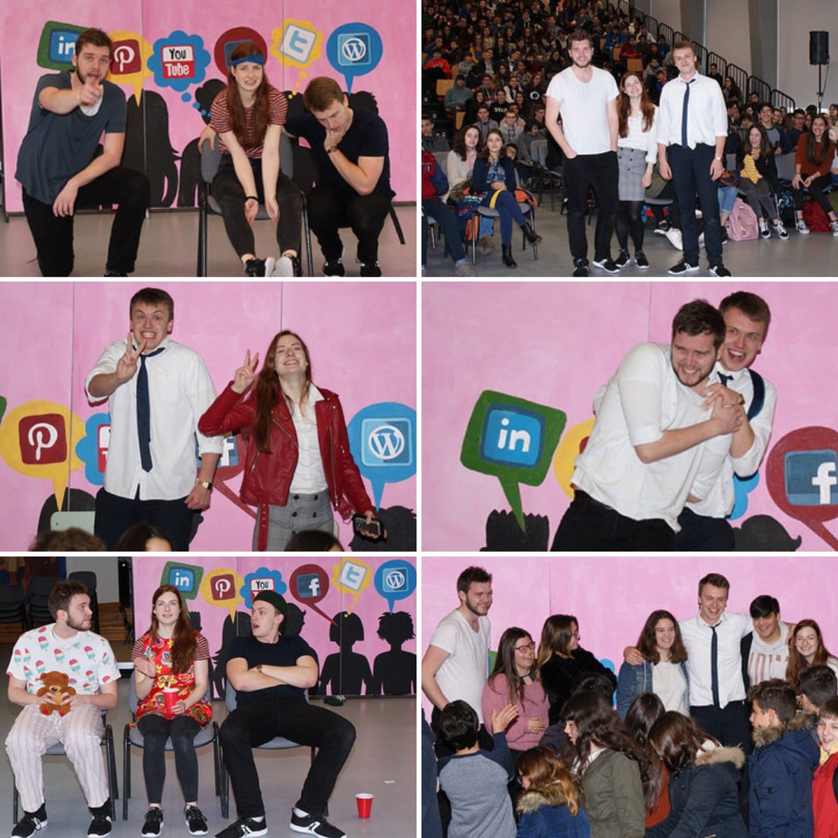 While Elliot, Genevieve and Johnny were in Abrantes, Portugal, they were lucky enough to perform in front of a custom made set! This was the scenery students painted for this year performances of Backchat and Rewind. Cool isn't it?! 😎
Thank you! 😃