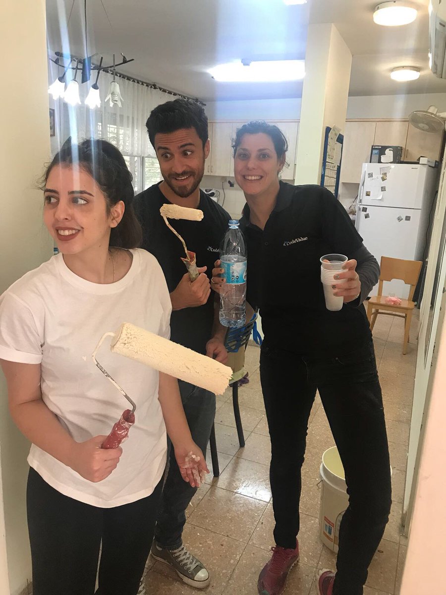 CodeValue's tweet image. Doing Good is always in our mind! #CodeValue kick-off the #GoodDeedsDay celebrations with Yom Maasim Tovim with the children of Megidim Village boarding school for children at risk. We ate croissant & pastries, painted their dormitories and handed some #CodeValue swags.