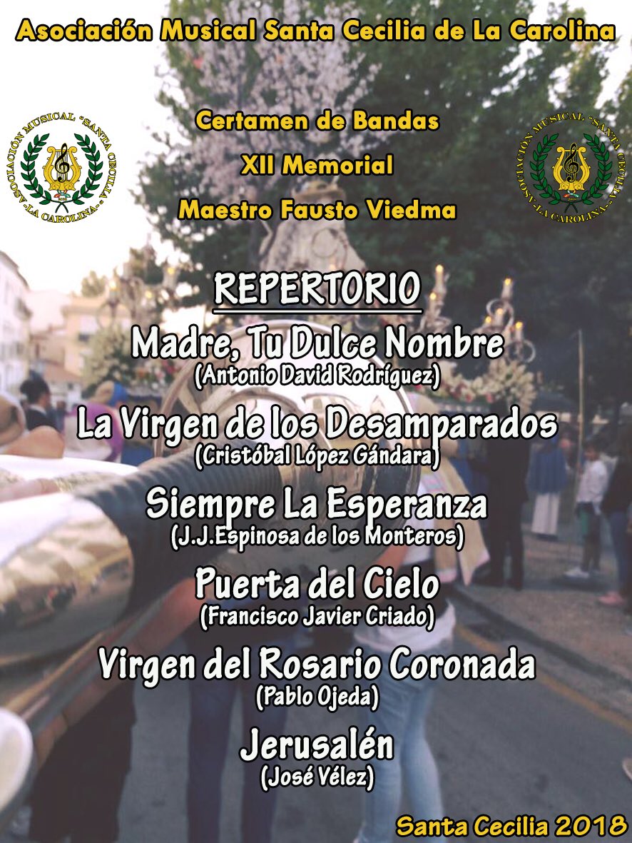 santacecilialac's tweet photo. 🎼 NOTICIA 🗞 | La Asociación Musical Santa Cecilia de La Carolina participará en el Certamen de Bandas "XII Memorial Maestro Fausto Viedma" el próximo Domingo 18 de Marzo a las 17:00 horas en el Teatro-Cine Carlos III. 
Agradecemos a @BuenaMuerteLC https://t.co/O1rmsEcgjX
