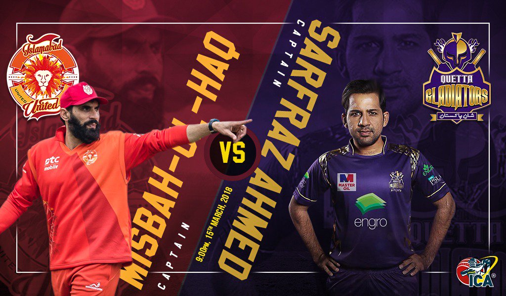 ICAssociation's tweet photo. The most awaited match of @thePSLt20 is just few hours away; @captainmisbahpk and @SarfarazA_54 will fight for the top of the table. It will be a thrilling match to watch because it's between #CaptainCool and #CaptainAggressive. 
#PSL2018
#IUvQG
#TeamICA https://t.co/3B0bdzLj1O