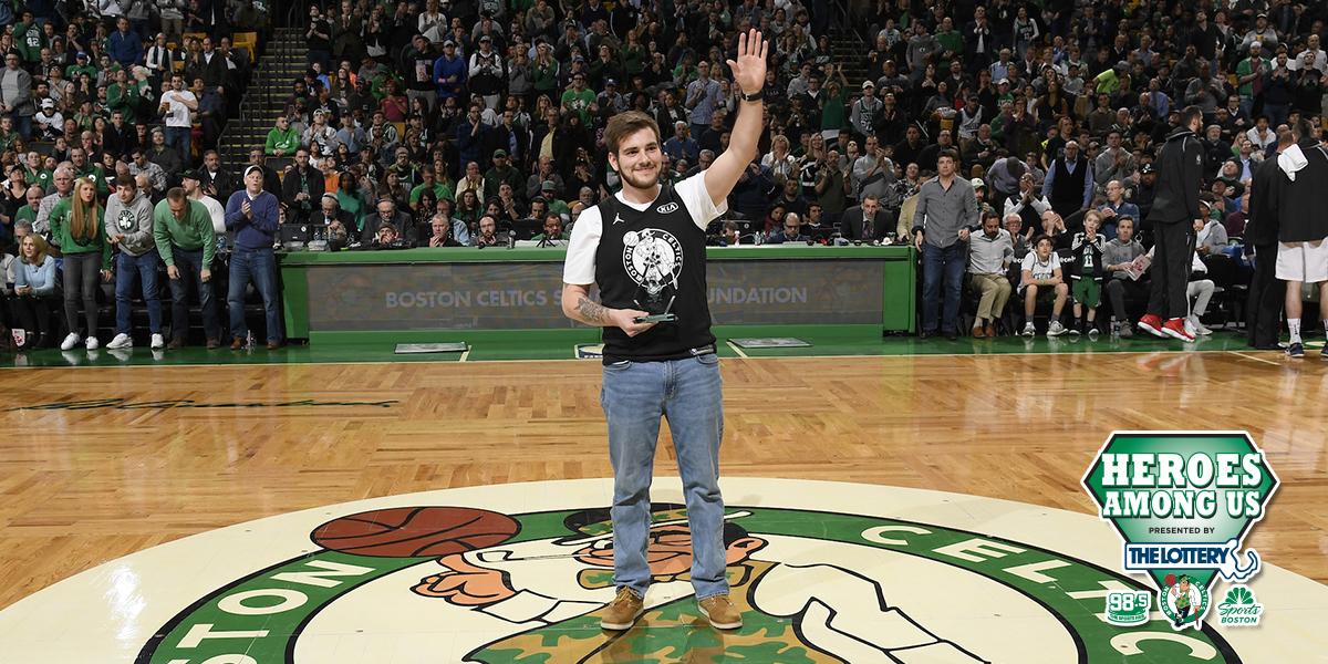 celtics's tweet photo. After hearing a car crash, Brandon Finnen found woman trapped inside. He shattered the window and pulled the woman out of the burning car, saving her life. For his quick thinking and bravery, 👏 for our @MAStateLottery #HeroAmongUs! https://t.co/RYNw6FaiYC