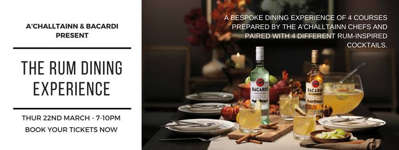AChalltainn's tweet photo. We're down to the last 14 tickets for our 4-course rum supper club at #achalltainn next Thursday with #bacardi. Don't Sleep!

TICKETS>  https://t.co/nVZSaNTDdV https://t.co/IS28PYOmwE