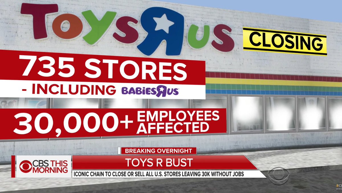 토이저러스가 결국 완전 폐업 결정. 735개 점포 폐업, 3만명이 실직. youtube.com/watch?v=GnG_kC… 장난감의 온라인판매, 스마트폰 등의 대두가 이유이기도 하지만 궁극적으로 경영의 실패라고. 경영진의 거듭된 잘못된 결정이 결국 망하는 길로.