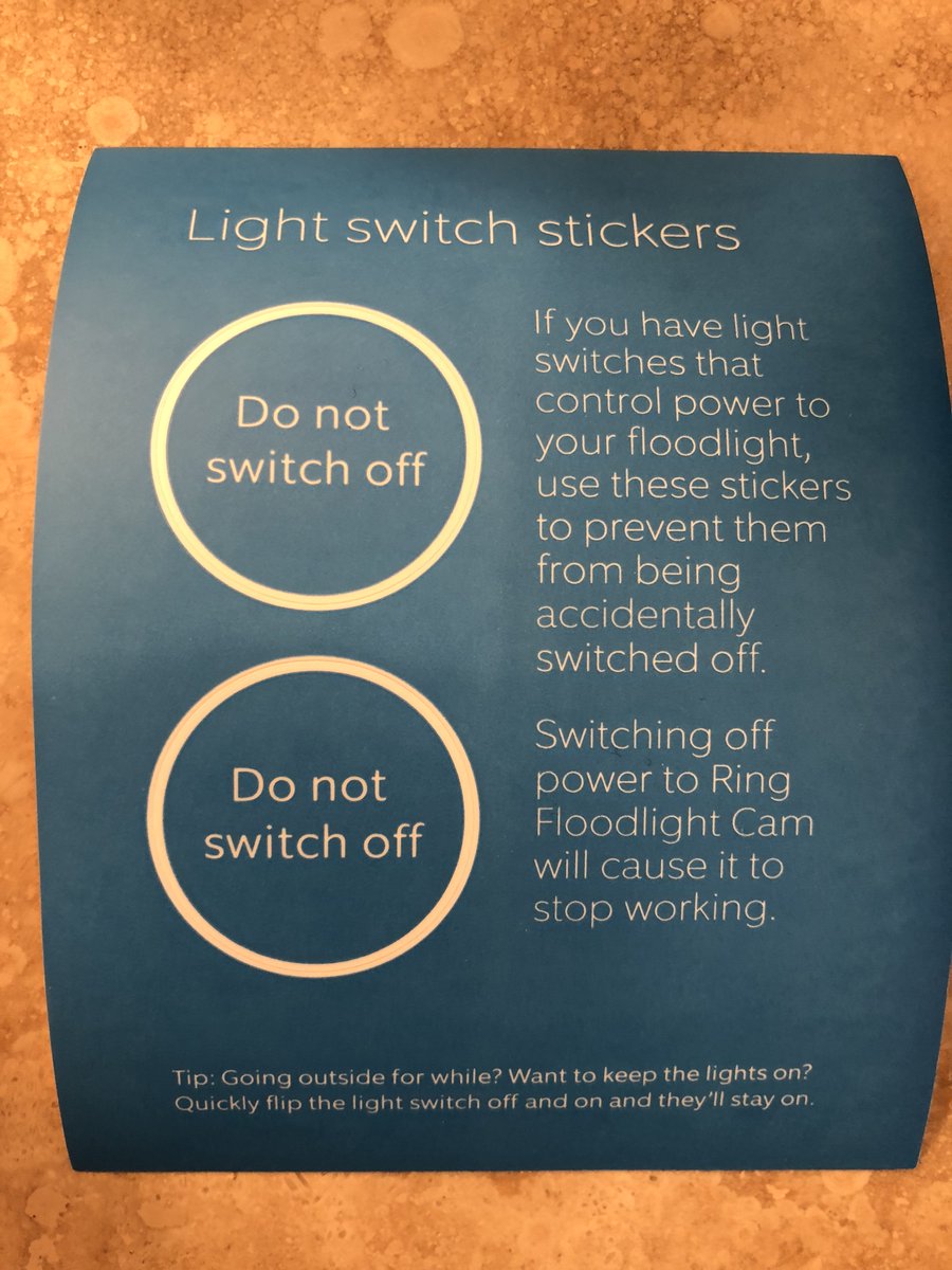 adamjustice's tweet image. I think it’s funny that the @ring Floodlight cam comes with stickers to put over your light switches #SmartHomeProblems 
I think @PhilipsLightUS should include these with Hue bulbs too