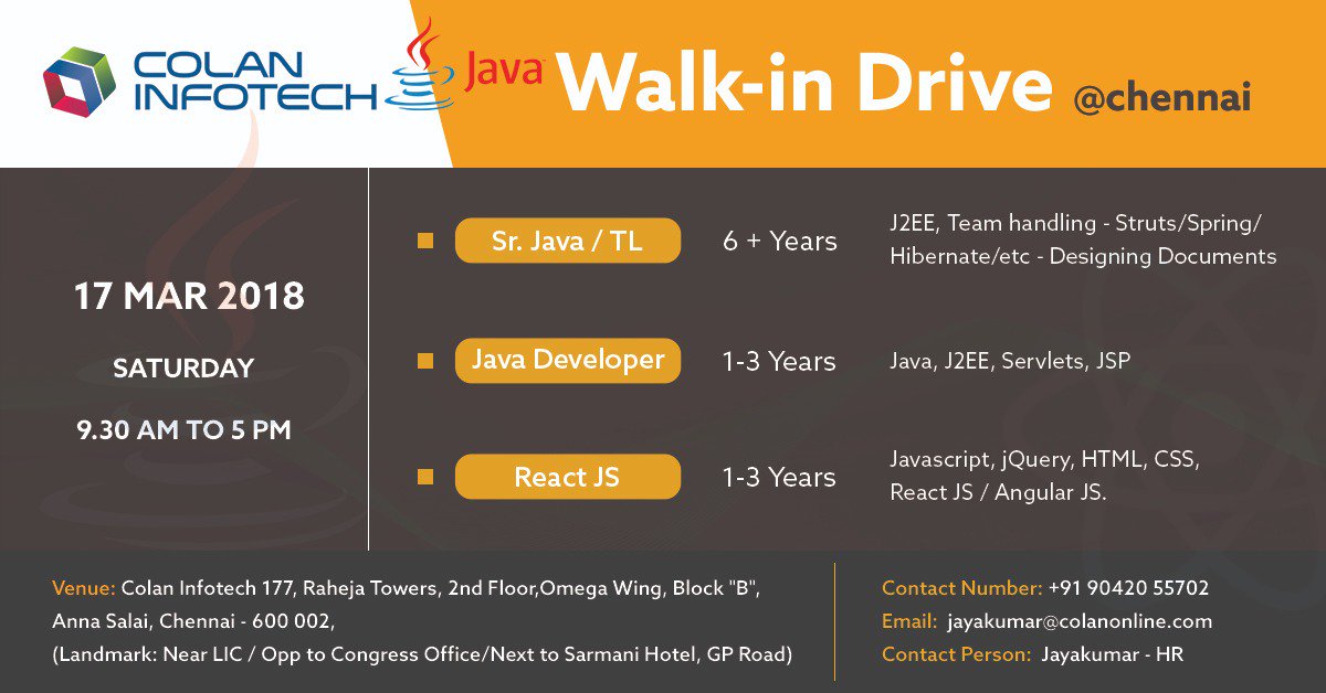 colan_infotch's tweet image. IMMEDIATE JOB OPENINGS IN #CHENNAI @colan_infotch on #17thMarch2018  
#Srjava #Java_developer #Reactjs_developer #saturdaywalkin
Contact: 04465555701/ 04465555706