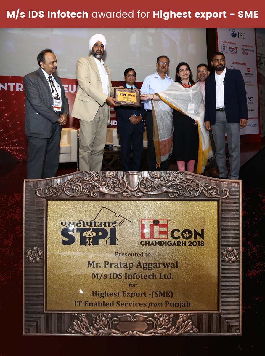 IDSInfotechLTD's tweet photo. #IDSUpdate #STPIawards #TieconChandigarh
IDS Infotech has been awarded for Highest Export ( SME ) in the category of ITES by State Technology Parks of India (STPI) at @TiECON_CHD . in pic : IDS team receiving award frm Mr. Manpreet Singh Badal , Finance Minister of Punjab, India https://t.co/H8b7Vsu3er