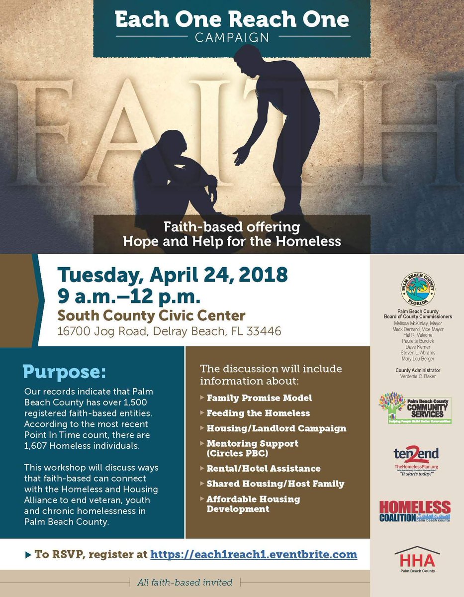 PBCDHSVS's tweet photo. Calling All Religious/Faith-based Entities!

We want our faith-based community to be fully engaged in our collective effort to end homelessness in Palm Beach County!

For those interested, please register by clicking the link:

https://t.co/San8mDug8m https://t.co/1PfAHL7dgf