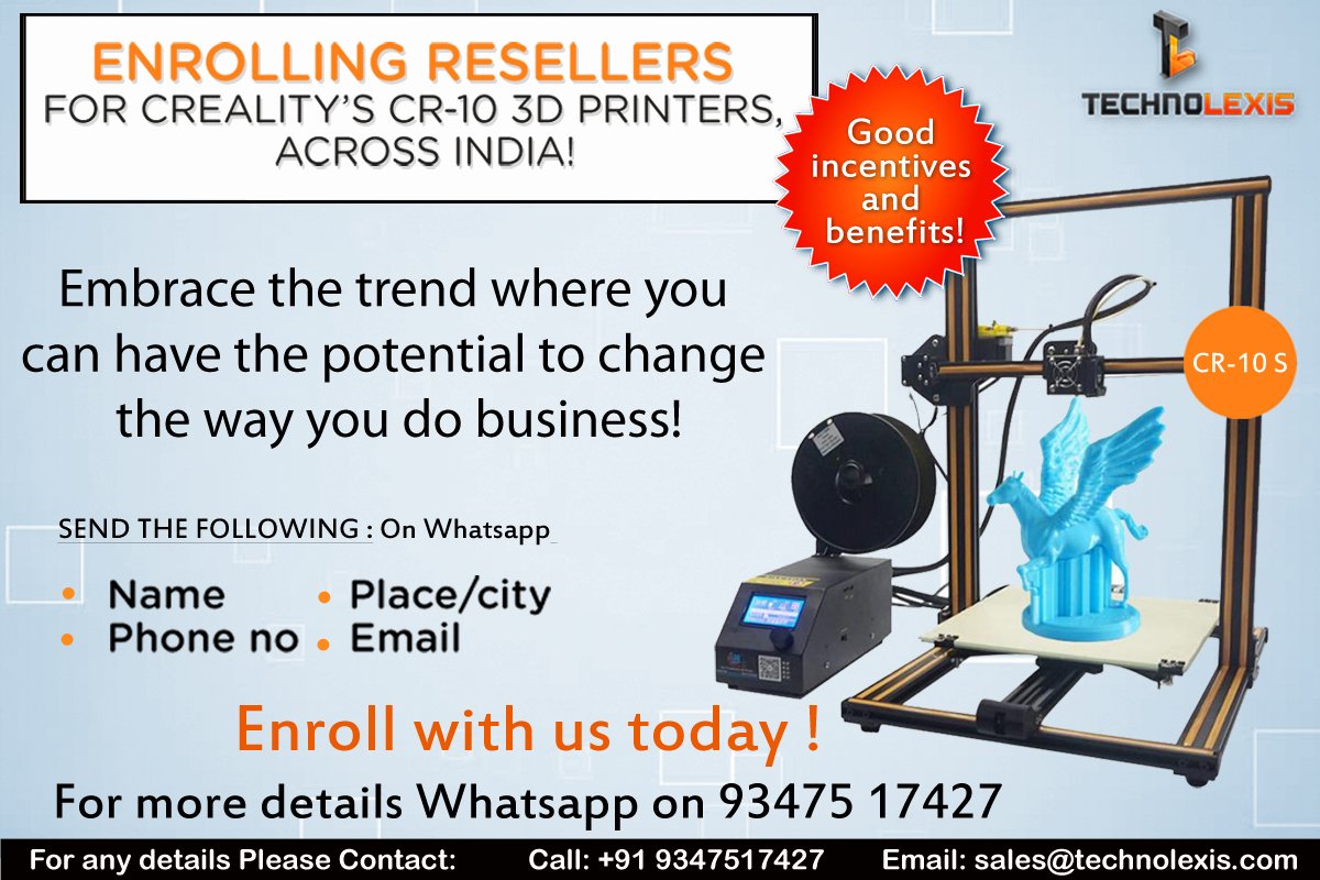 technoLexisLive's tweet photo. We  are enrolling resellers across India for #creality's #CR10 #3Dprinters!  There are great incentives and benefits in store for all those who are  interested! Here is an insight on the printer.
 
 Visit our website: https://t.co/1IvOxrsFoj
 For Orders Call us: 9347517427 https://t.co/BBjEaQhEbc