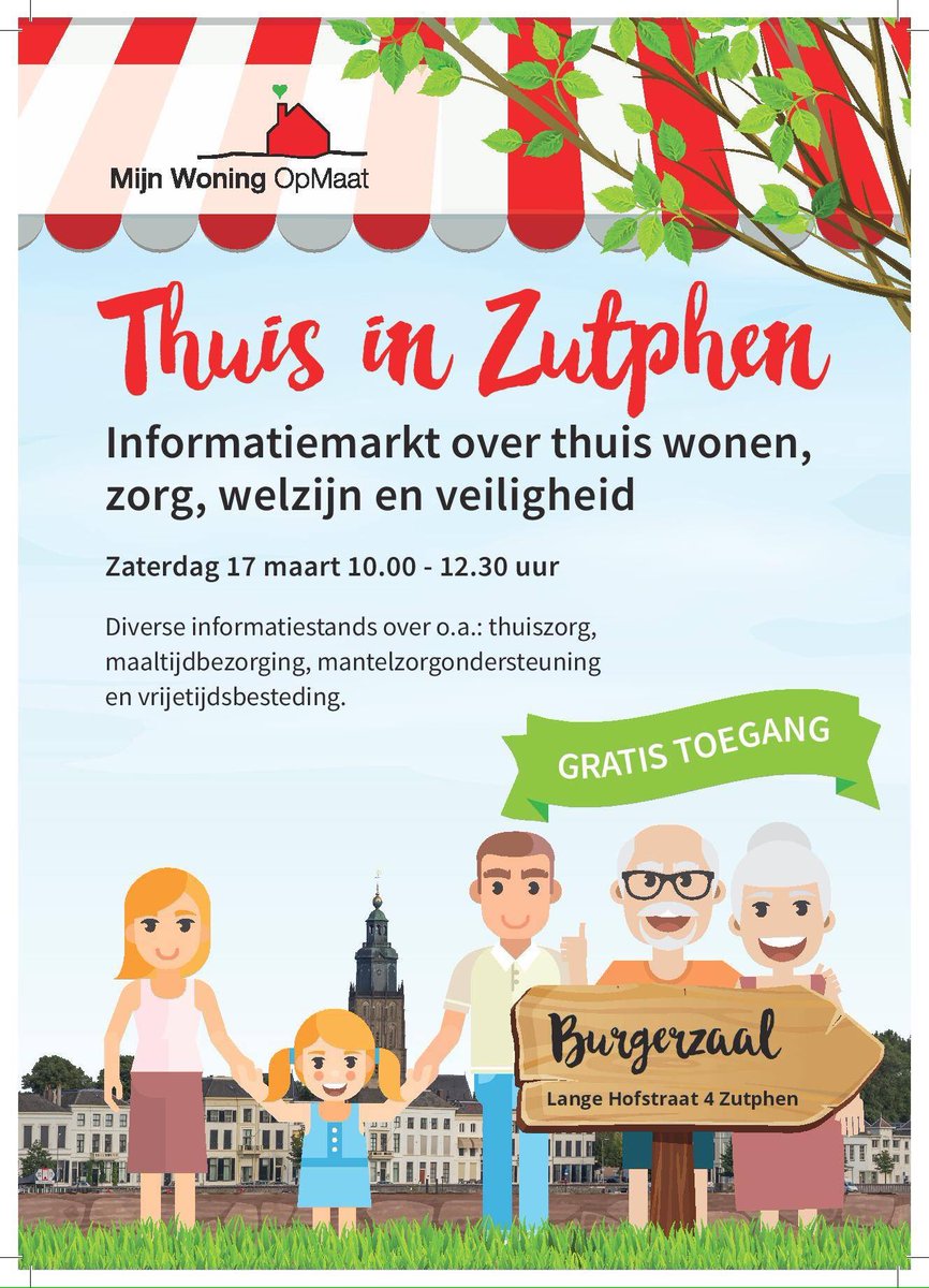 Het is bijna zover! Op 17 maart ben je van harte welkom op Thuis in Zutphen markt. Het belooft een gezellige en gevarieerde markt te worden met allerlei informatiestands. Natuurlijk is ook aan de inwendige mens gedacht. Kom je ook?