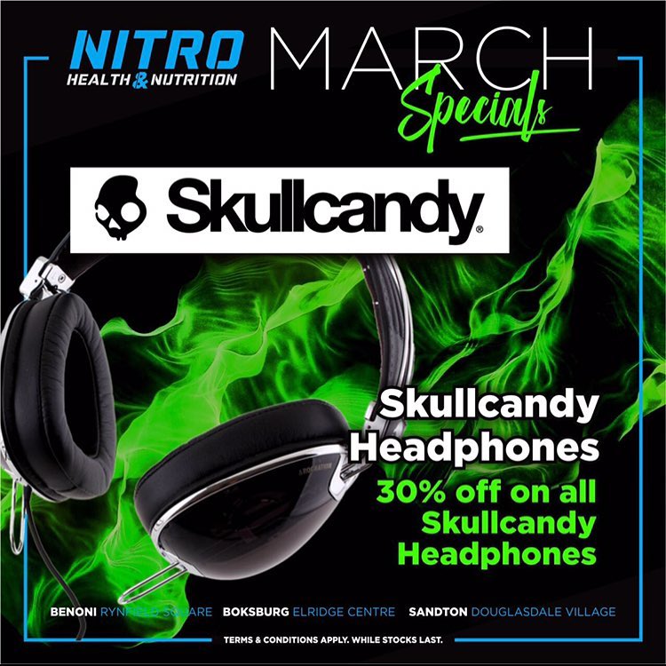 RynfieldSquare's tweet photo. ALL Skullcandy headphones are 30% off during the month of MARCH at NITRO Health &amp; Nutrition! Make sure you get your favorite pair at a super great price before they are gone. #Rynfieldsquare #nitrosale #nitrohealthandnutrition https://t.co/v9rYtvII3R