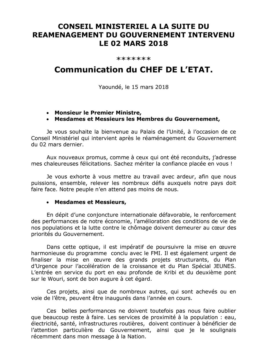 AnniePayep's tweet photo. Conseil des ministres. Ce que Paul Biya a dit à ses ministres ce matin #cameroun 👇. #economie #fmi #chomage #can2019 #ProjetsStructurants #decentralisation #CriseAnglophone #securite https://t.co/QKeb7Z72Jn