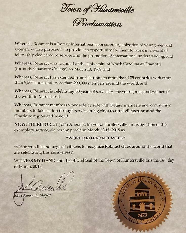 AtlanticMDIO's tweet photo. Later this week the Town of #Huntersville followed #Charlotte with another #WorldRotaractWeek proclamation! #RotaractTurns50 #Rotaract50 https://t.co/gxv3UJCjIZ