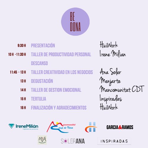 HuiWork's tweet image. # BeDona18 ya está aquí 🙌 El próximo 23 Marzo 40 Mujeres Emprendedoras sin juntas en Huiwork para aprender #productividad con @Irene_Milian   @SolerAna  @manccampdeturia   Tertulia con @inspiradas   Y ¡Vamos a Networkear a tope!