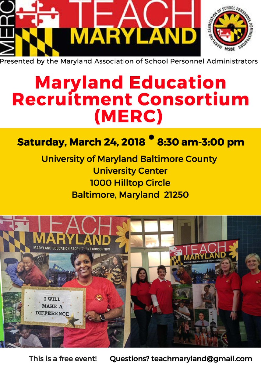 You will not want to miss #MERC2018!  21 of 24 MD school systems will be at <a href="/UMBC/">UMBC</a> ready to meet and interview teacher candidates for 2018-2019 openings. Register for free here! <a href="/TeachMaryland/">MERC</a> docs.google.com/forms/d/1mbjvC…