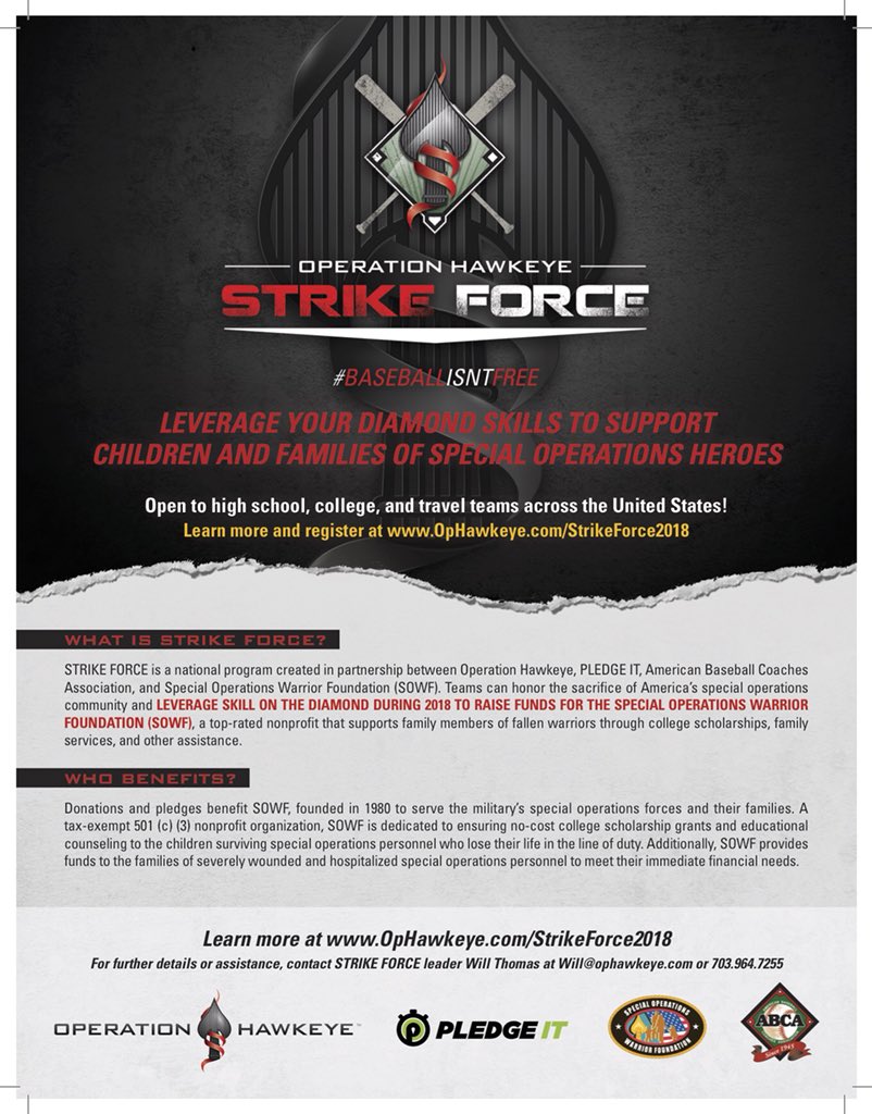 op_hawkeye's tweet photo. Over 900 special operators have died since 1980 so that we might live free, leaving behind over 1,100 children. Honor their sacrifice, lift their loved ones, with the power of your athleticism.  

Join #STRIKEFORCE2018 🇺🇸⚾️

#BaseballIsntFree

🔗 https://t.co/Nc4KrzzmQQ https://t.co/5adqzf1oNF