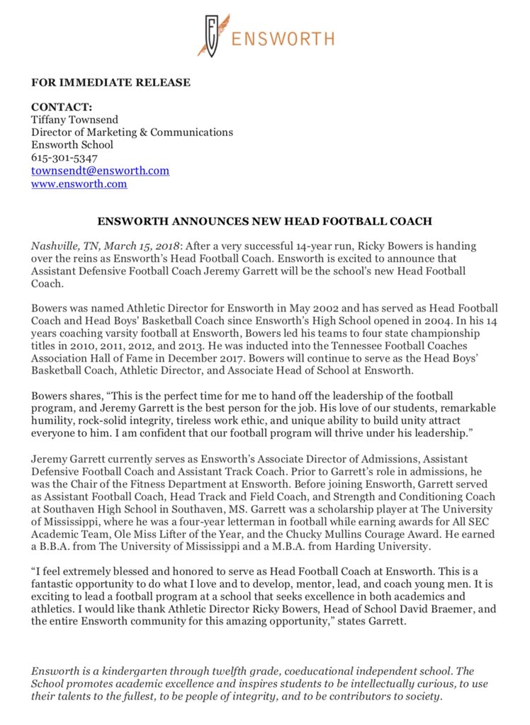 EnsworthTigers's tweet photo. Ensworth is excited to announce Jeremy Garrett as the new Head Football Coach. Coach Ricky Bowers will continue as the Associate Head of School, Athletic Director, and Head Basketball Coach. See press release for full details. Go Tigers! https://t.co/A6XpXWiPKu