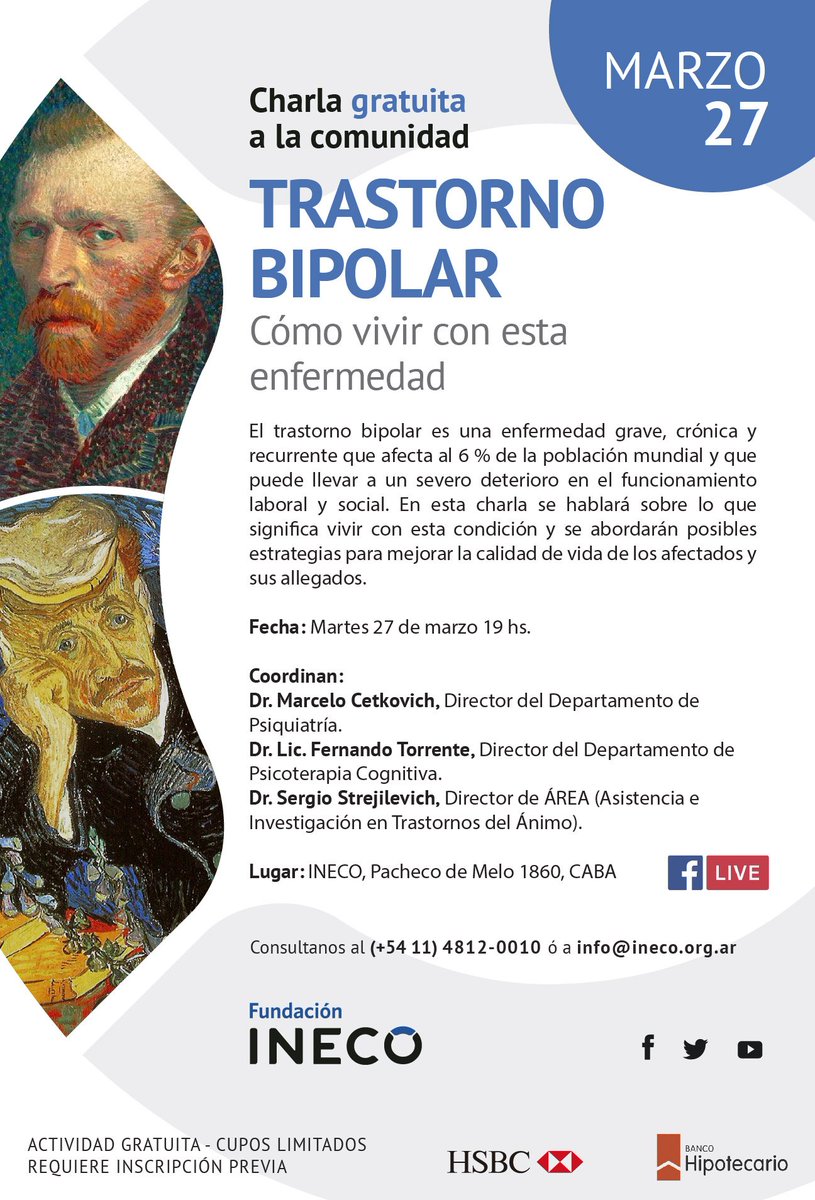 INECOArgentina's tweet photo. El 30/3 se conmemora el Día Mundial del #TrastornoBipolar x el cumpleaños del pintor Vincent Van Gogh, quien padeció esta severa patología.
El 27/03 daremos charla gratuita a la comunidad: "Trastorno Bipolar. Cómo vivir con esta enfermedad"
Inscripciones: https://t.co/YrifblBTQY https://t.co/bzURidjrDg