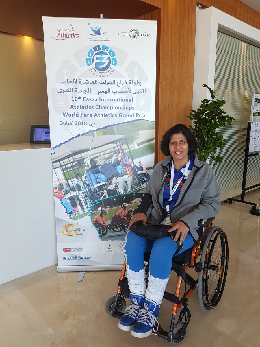 DeepaAthlete's tweet photo. Just won a #GoldMedal in F53/54 Javelin at #FAZZA #WorldParaAthletics #GrandPrix #Dubai . I qualify for #AsianParaGames2018 #Jakarta and also score #AsianRankingOne in F53 category. Happy to take my #Tricolor high. @ParalympicIndia @Ra_THORe @IndiaSports @Media_SAI https://t.co/Ov42cscxFX