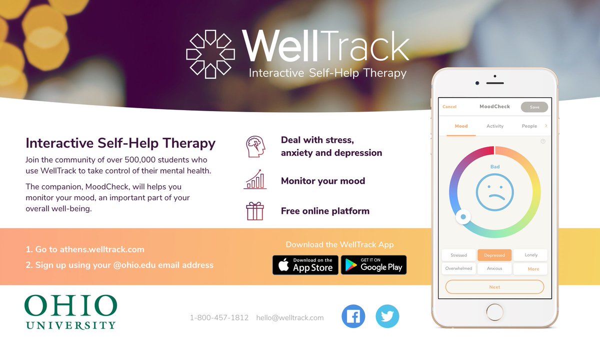 OHIO_Counseling's tweet photo. Have you tried out our new online therapy program WellTrack? It is free and confidential to all @ohiou students. For more information, go to: https://t.co/FrQvJ68nrm #WellTrack #selfhelp https://t.co/hAcsONneAK