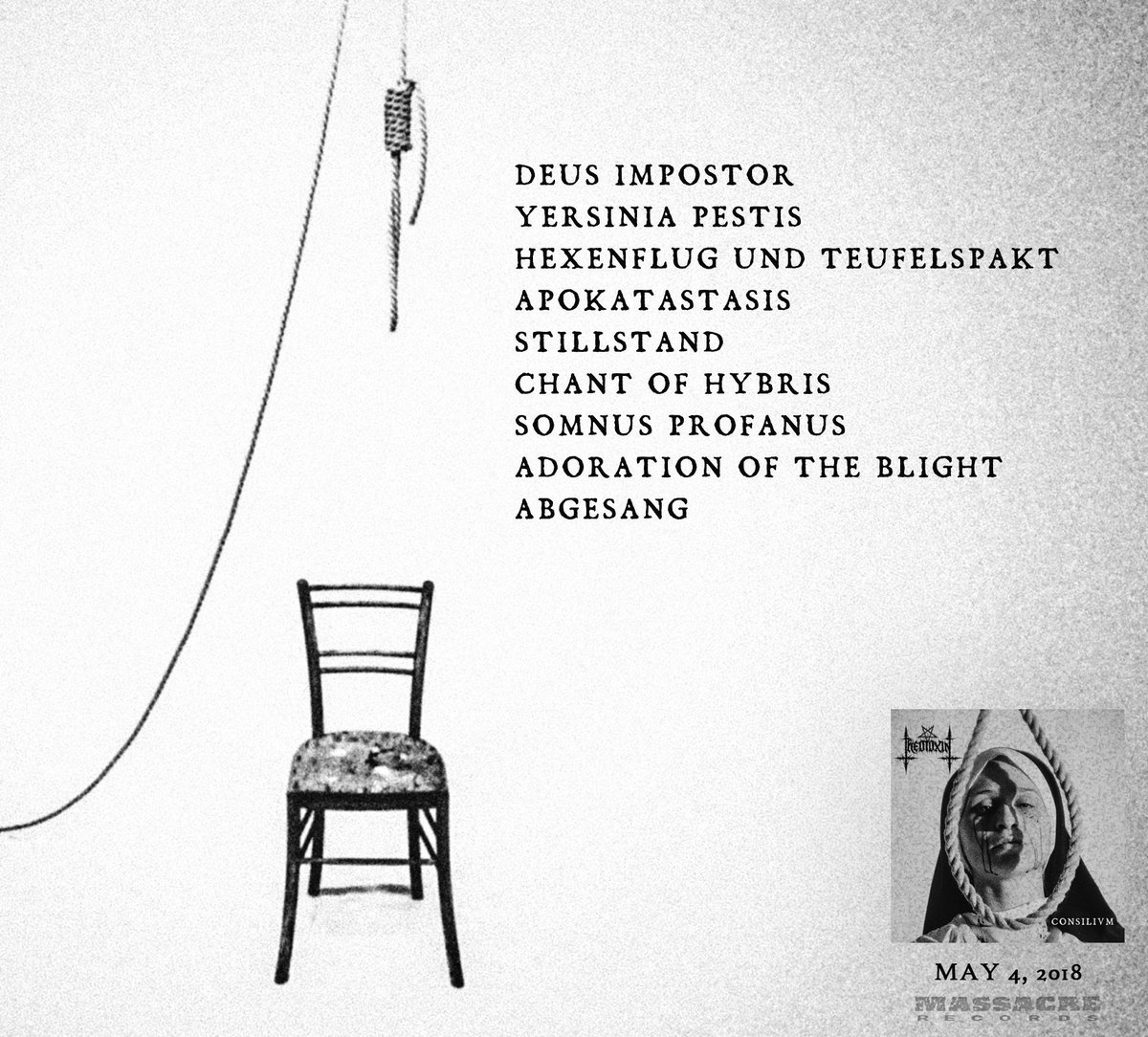 massacrerec's tweet photo. Check out the track list of @Theotoxin666's upcoming album #CONSILIVM - out on May 4, 2018 via @massacrerec

The record release show will take place on May 12th at the #ViennaMetalMeeting in Austria. https://t.co/wa5P8Zysj1