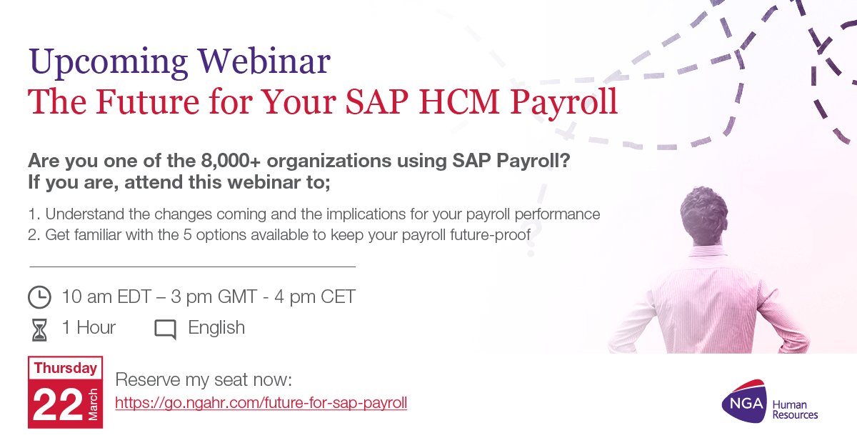 NGAHR's tweet photo. Registration Open: Webinar Mar 22nd: Change is Coming. Don't Risk SAP HCM Payroll Process &amp; Compliance Failures. If you're 1 of 8,000+ employers managing staff payroll &amp; data using #SAP #HCMPayroll OnPremise this is for you https://t.co/3cMRakSLwi SAP HCM Payroll-20180227-en https://t.co/oIJaaVumya