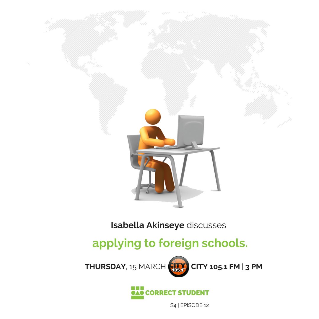 Yellow_Tamarind's tweet photo. @IAkinseye will be discussing applying to foreign schools. Tune in to @correctstudent1 at 3 PM on @CITY1051 FM or listen online at https://t.co/F3jO9eMmZ0 #CorrectStudent #Radio #radioshow #show #educationalShow #foreignUni #foreignSchool #StudyAbroad #application #tips #advice https://t.co/UaOhEhbVGi