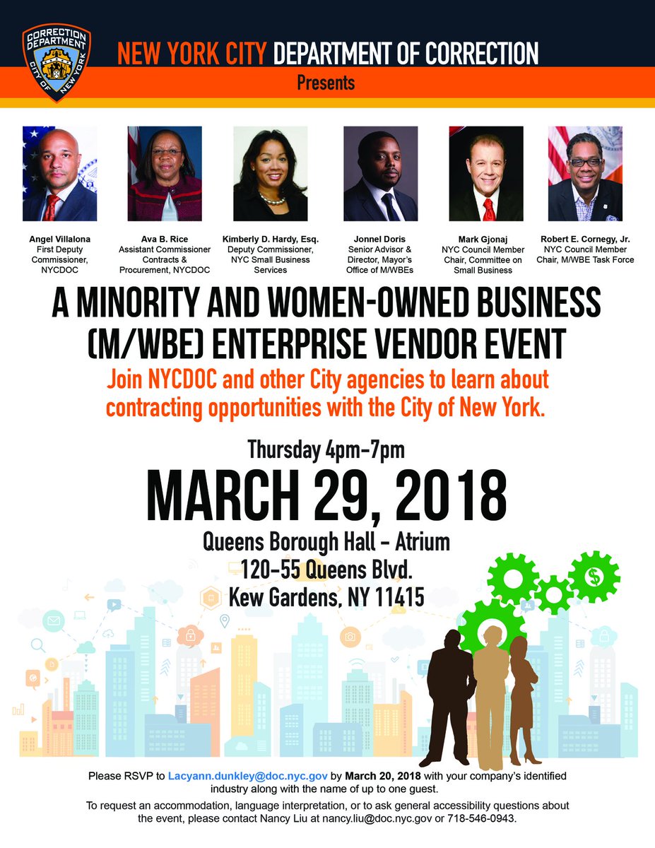 CorrectionNYC's tweet photo. Calling all NYC-based minority &amp; women business owners. DOC wants to work w/ YOU! Find out how on 3/29. Because #DOCMeansBusiness https://t.co/76MxFdm1oF