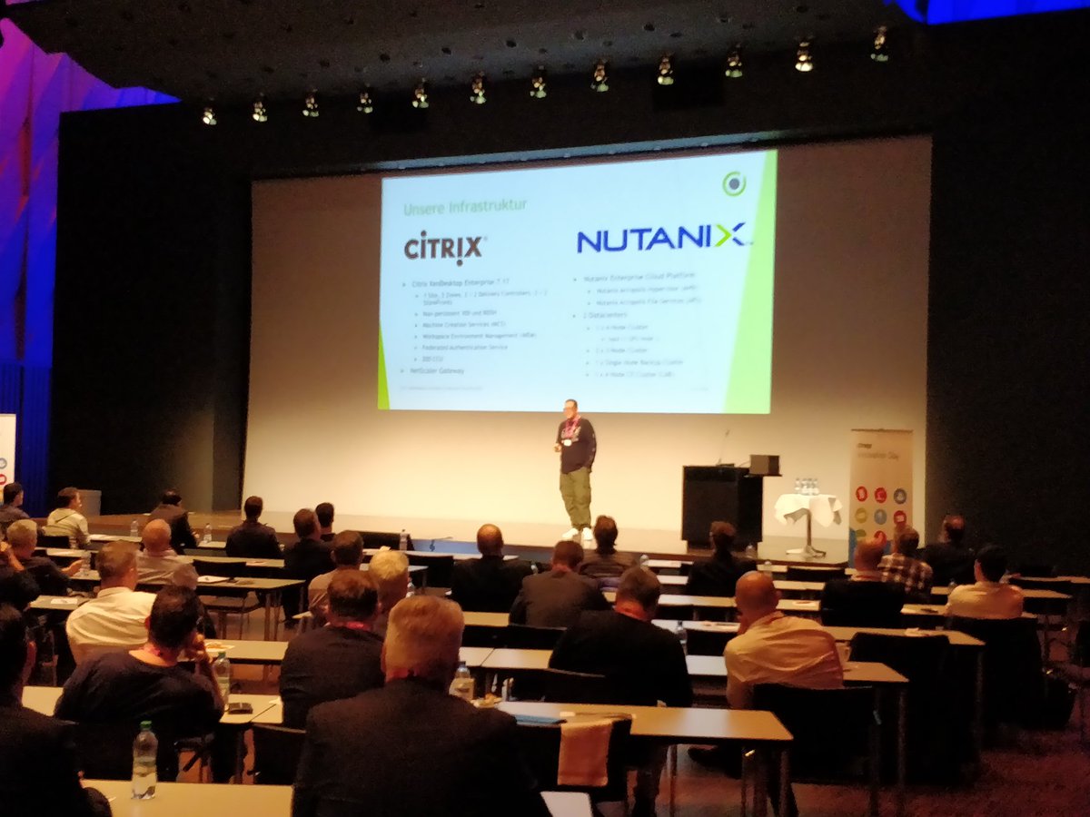 bedee's tweet photo. Great customer presentation at #citrix customer innovation day. @dready73 shows us how easy #citrix is integrated and running on #nutanix in their environment. Thanks @dready73 for your time on stage. #nutanix #citrix #happycustomer https://t.co/ZXUU775DYR