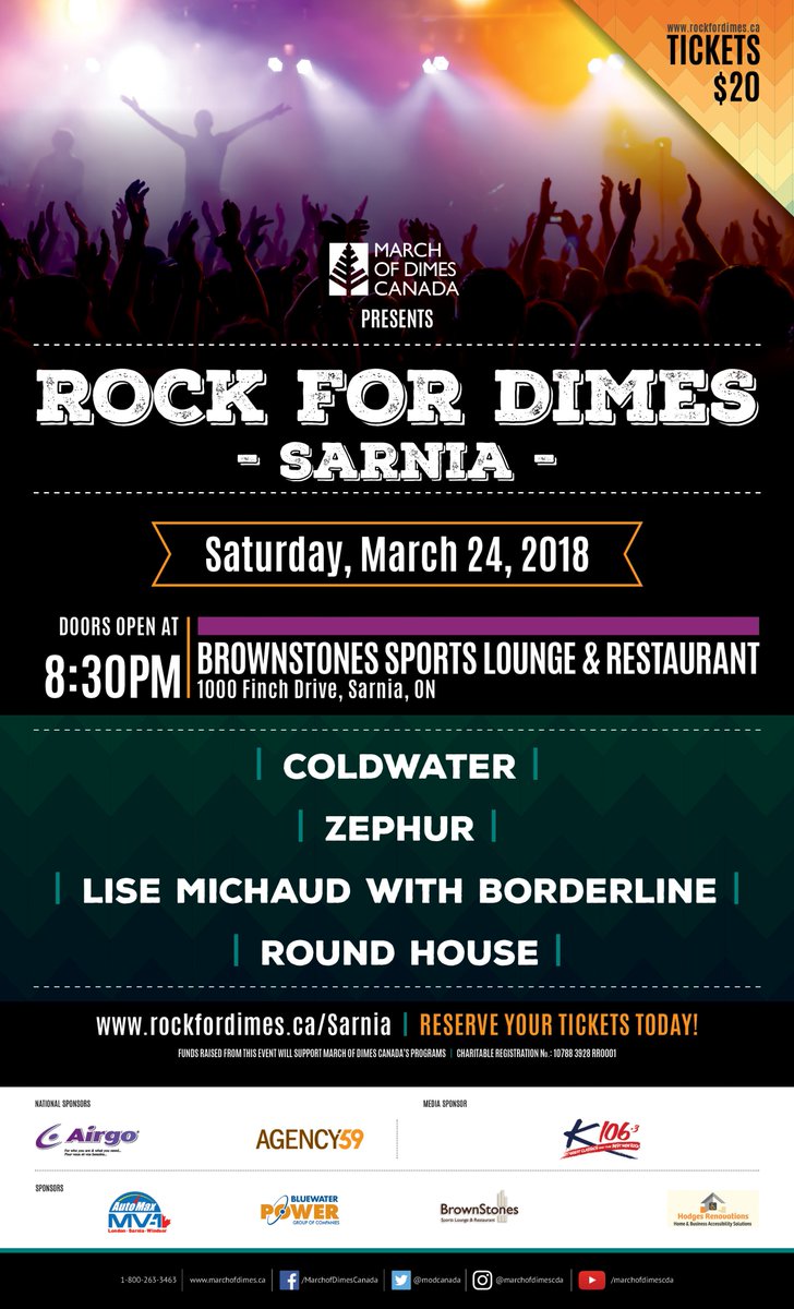 AutoMaxSarnia's tweet photo. Join us March 24, 2018 for Rock For Dimes Sarnia 2018 at @BrownStones519, 1000 Finch Drive, Sarnia. Come out for a great evening of music while supporting children and adults with physical disabilities in your community. #Slont #RockForDimes #CharityEvent https://t.co/6wqU6Xb9T7