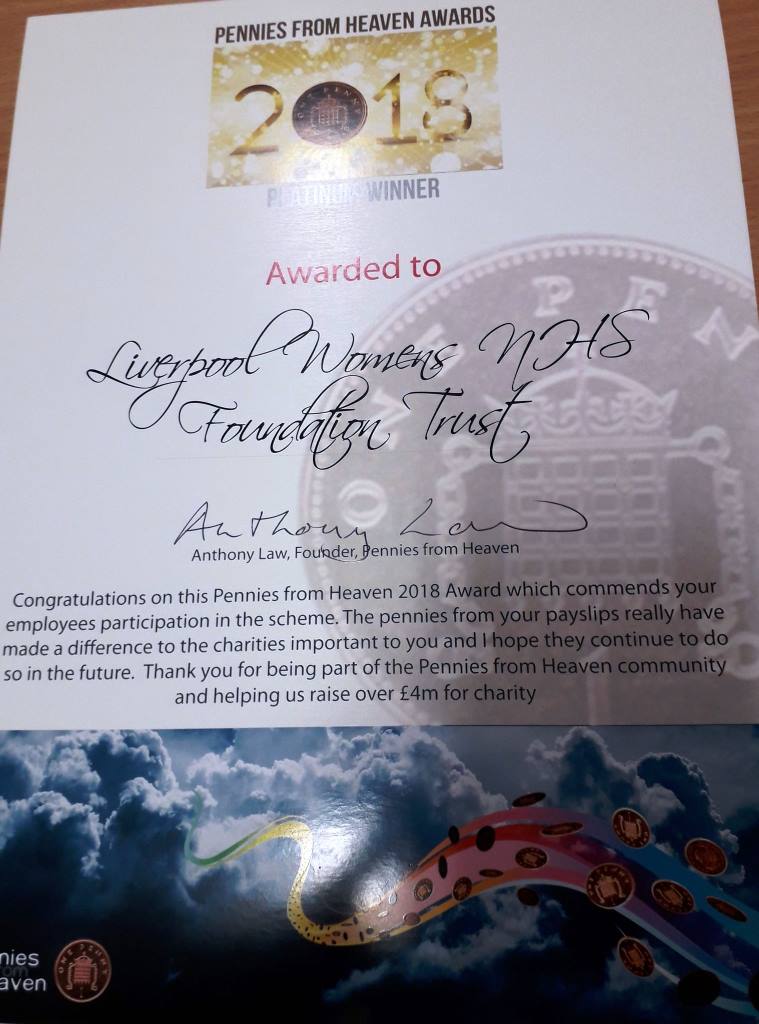 LiverpoolWomens's tweet image. Our fantastic staff have done it again - last year @LiverpoolWomens was awarded the Pennies from Heaven Gold Award. This year we have gone one step further and received the Pennies from Heaven 'Platinum' Award. All pennies go into our charities General Purpose Fund.