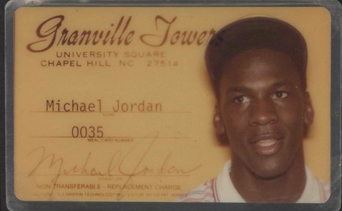 edrtrust's tweet photo. #TBT to MJ’s student ID card at @GTatUNC. It was and still is “the Place to be at UNC” #marchmadness H/T @JayBilas https://t.co/UiGfUVPRq4