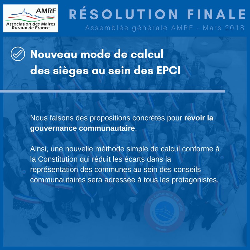 Maires_Ruraux's tweet photo. AG 2018 // #ResolutionFinale adoptée par les @Maires_Ruraux : proposer un nouveau mode de calcul des sièges au sein des #EPCI
Lire les autres résolutions => https://t.co/edRj549jn4 https://t.co/7NEyLOTGOG