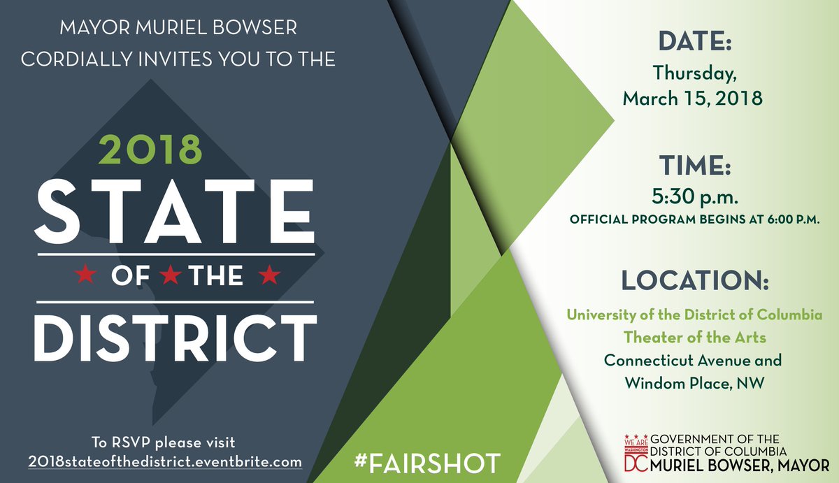 DC_MBK's tweet photo. Please join @MayorBowser for the 2018 State of the District Address on 3/15 hosted at @udc_edu Theatre of Arts. RSVP here: https://t.co/c7kda1z1u6 https://t.co/EhPeaK0D3v