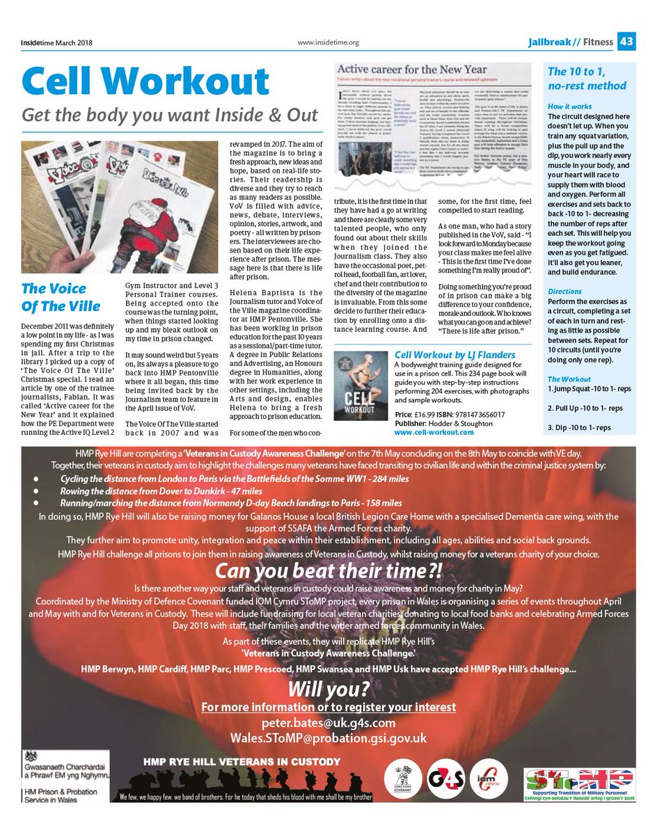March issue of @InsideTimeUK Article on HMP @Pentonville175 Prisoner mag ‘The Voice Of The Ville’

#CellWorkout #InsideTime #Prison #Newspaper #HMPPentonville #TheVoiceOfTheVille #ActiveCareer #Bodyweight #Training #Fitness #JumpSquat #PullUp #Dip