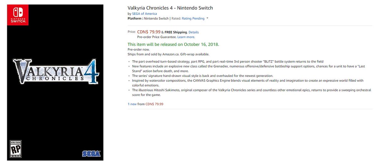 Wario64's tweet image. Amazon CA shows Valkyria Chronicles 4 coming to Switch on October 16th amzn.to/2FFsHAc