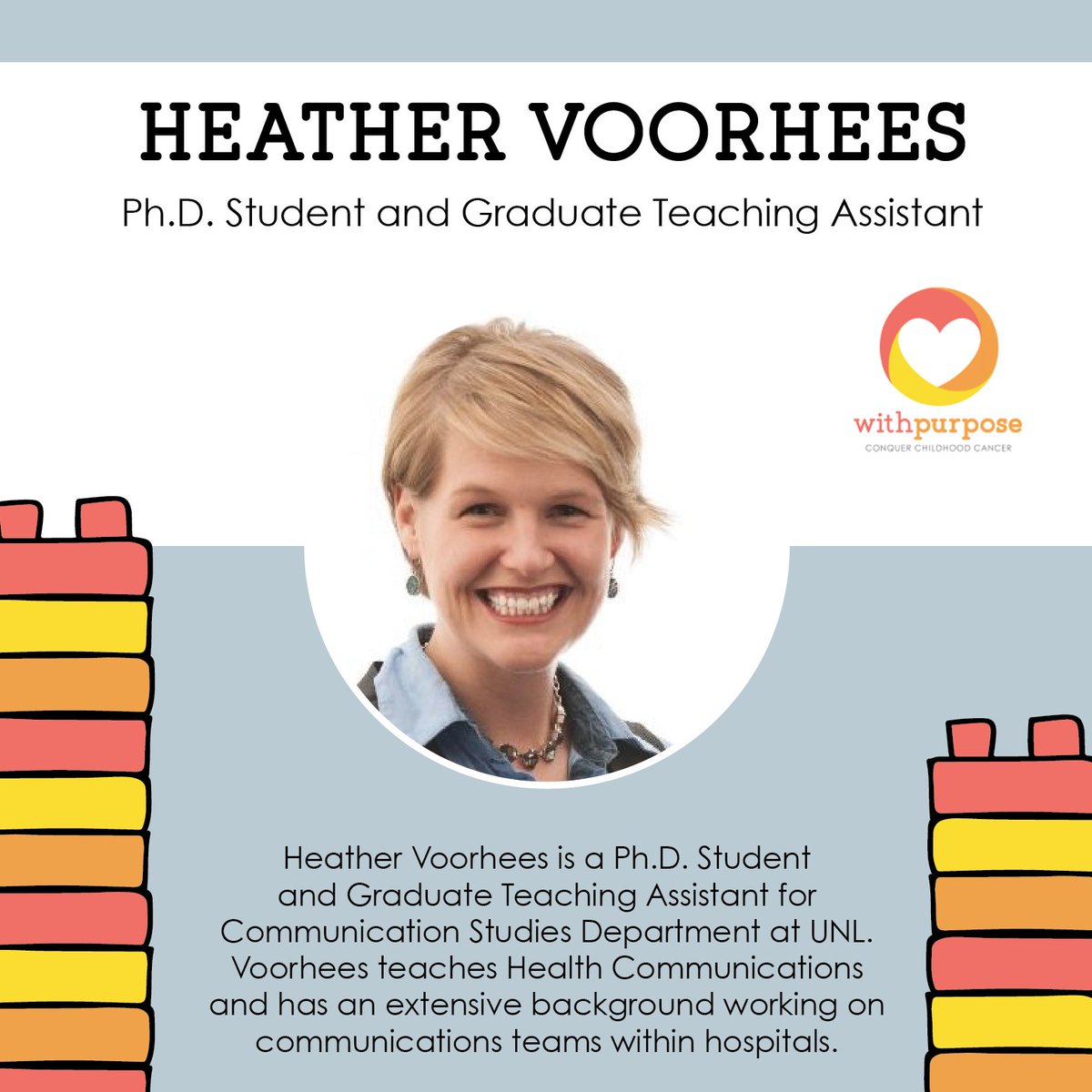 withpurposeunl's tweet photo. Heather Voorhees is a Ph.D. student and Graduate Teaching Assistant in the Department of @COMMatUNL, teaching several classes including Health Communication. Learn more about how we can unite and conquer childhood cancer: https://t.co/T71KEXheRJ. 

#StackTheOdds #UNL https://t.co/xfqjDBulk7